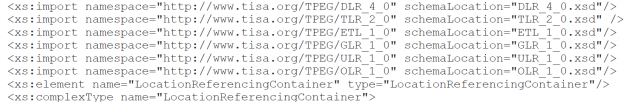 Ukázka části XML schématu Kontejneru pro odkazování na polohu s odkazy na specifikace poloh (výřez XML kódu z Přílohy B)